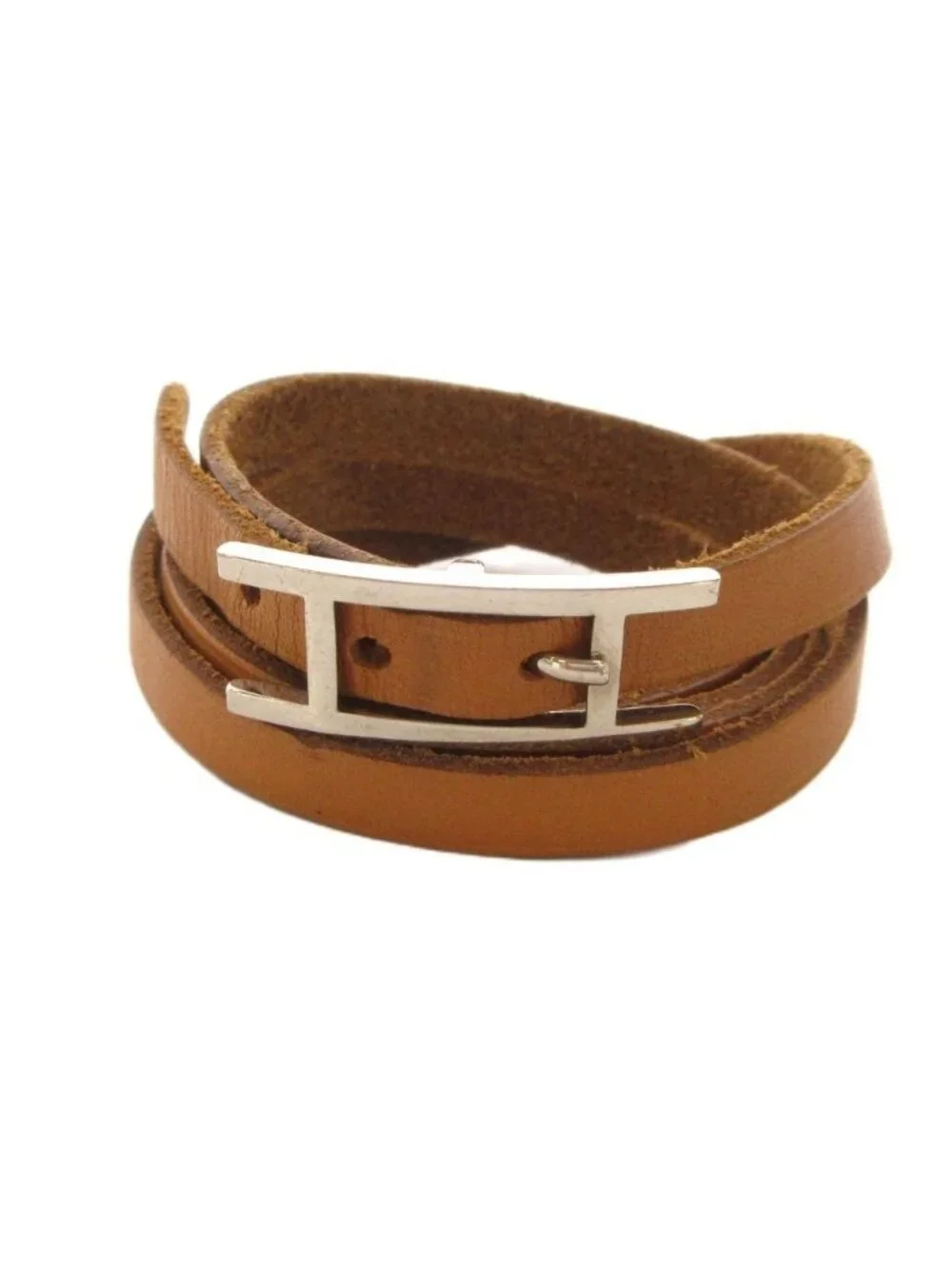 Hermes Hapi 3 Leather Bracelet H Buckle Brown Silver Colored